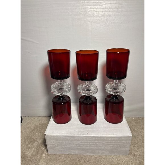 4 Vintage Ruby Red Glass Dessert Sherbet Bowls With Clear Pedestal Base France - Picture 10 of 14